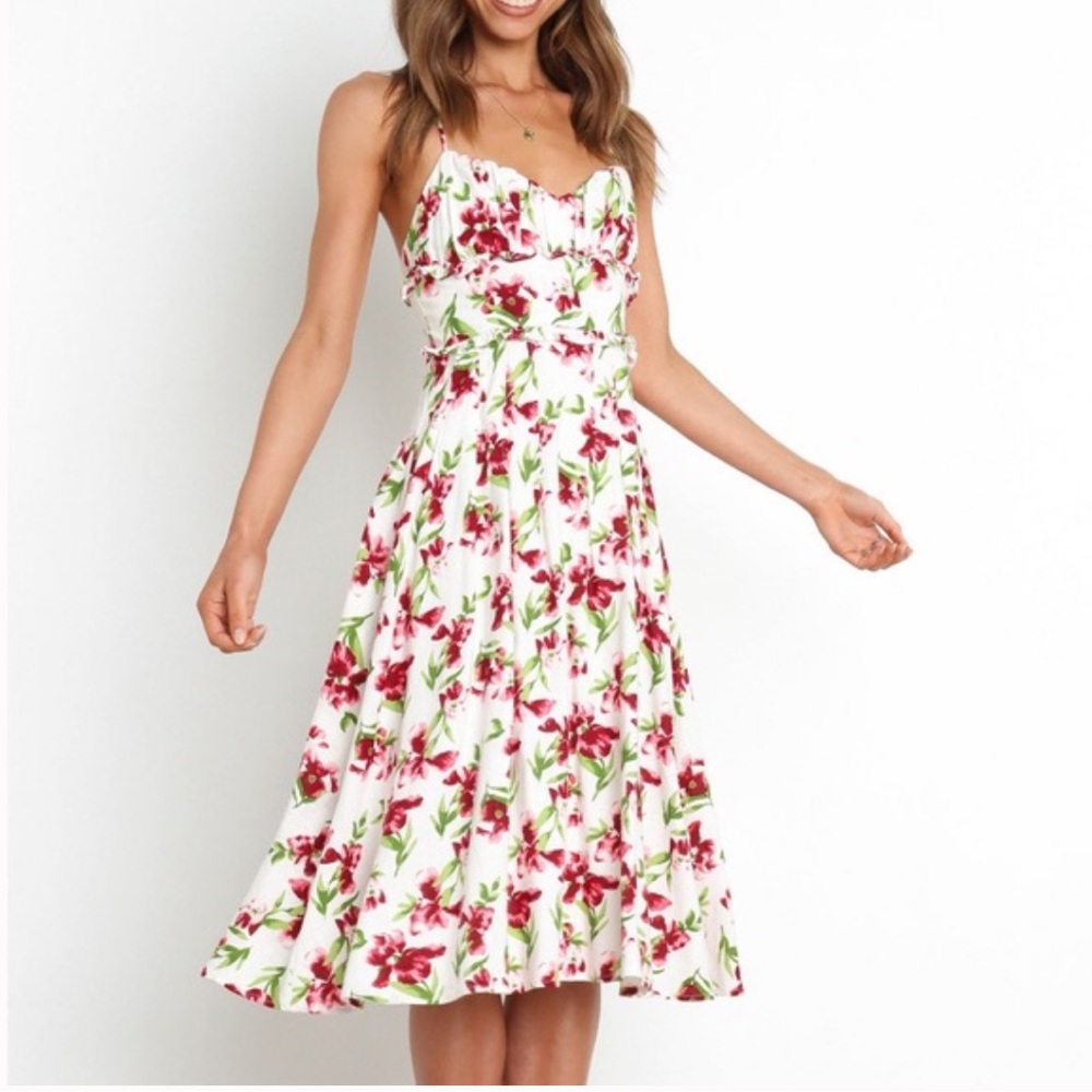Petal & Pup White Floral Midi Dress with Red and Green Print